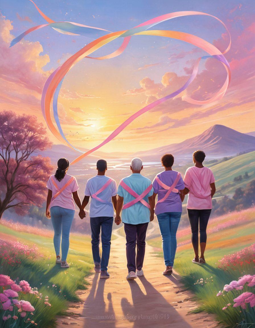 A diverse group of individuals standing together, showcasing unity and support in their cancer journey. In the background, a path leading towards a bright horizon symbolizes hope and action. Include elements like ribbons and peaceful nature to represent awareness and healing. The individuals' expressions radiate confidence and strength. soft pastel colors. inspirational. digital painting.