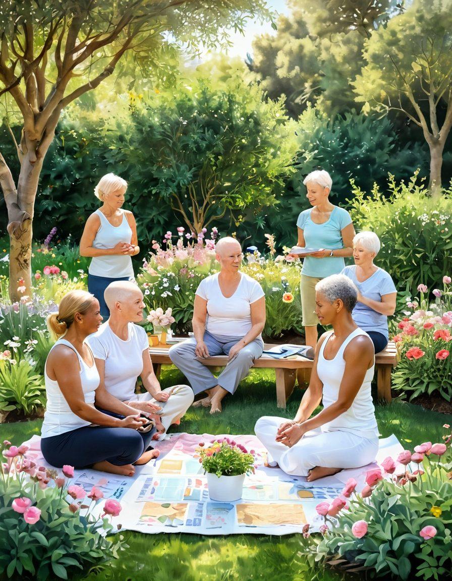 A serene scene of a diverse group of cancer survivors sharing positive stories in a sunlit garden, surrounded by blooming flowers symbolizing hope and resilience. Include visuals of clinical charts and wellness tools like yoga mats or herbal teas scattered around, reflecting a holistic approach to health. Soft pastel colors enhancing the feeling of comfort and strength. watercolor painting. bright and uplifting.